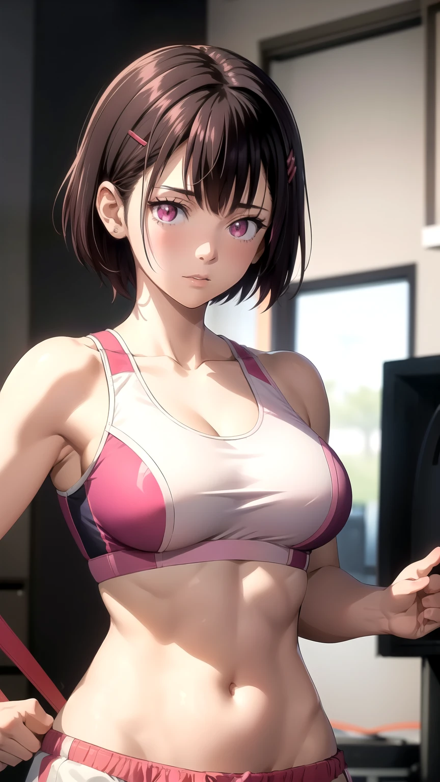 (masterpiece,  best quality),  intricate details, Shizukazomu,  1 girl,  Shorthair, Dark purple hair, bangs, Hair accessories,  hair clips, Pink Eyes, White pupil,  medium breasts, clavicle,  sports bra, belly button, abdomen,  pink shorts, Muscular