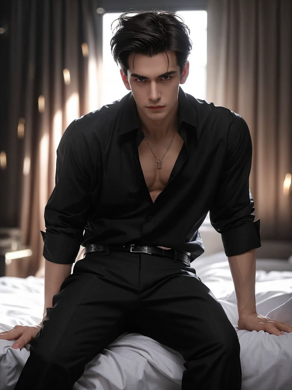 1 Boy, dark hair, white shirt, black slacks, on sheets, kneeling, seiza, (bare one's shirt:1.0), (open clothes:1.5), cool, evil smile,pale skin,(background: on bed in bedroom), (facing forward.:1.0),(look forward:1.0),sunset, high quality, high resolution, masterpiece