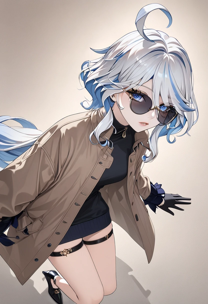 1girl, sunglasses, brown coat, dark turtleneck, small earrings, baggy jeans, plain background, 8k, highres, dramatic lighting, cinematic, elegant, beautiful detailed eyes, beautiful detailed lips, extremely detailed face, long eyelashes, ft colors, pastel colors, warm tones, full body shot, whole body, mature female, single glove, black gloves, whole body shot, furina \(genshin impact\), heterochromia, mismatched gloves, thigh strap, high heels,
