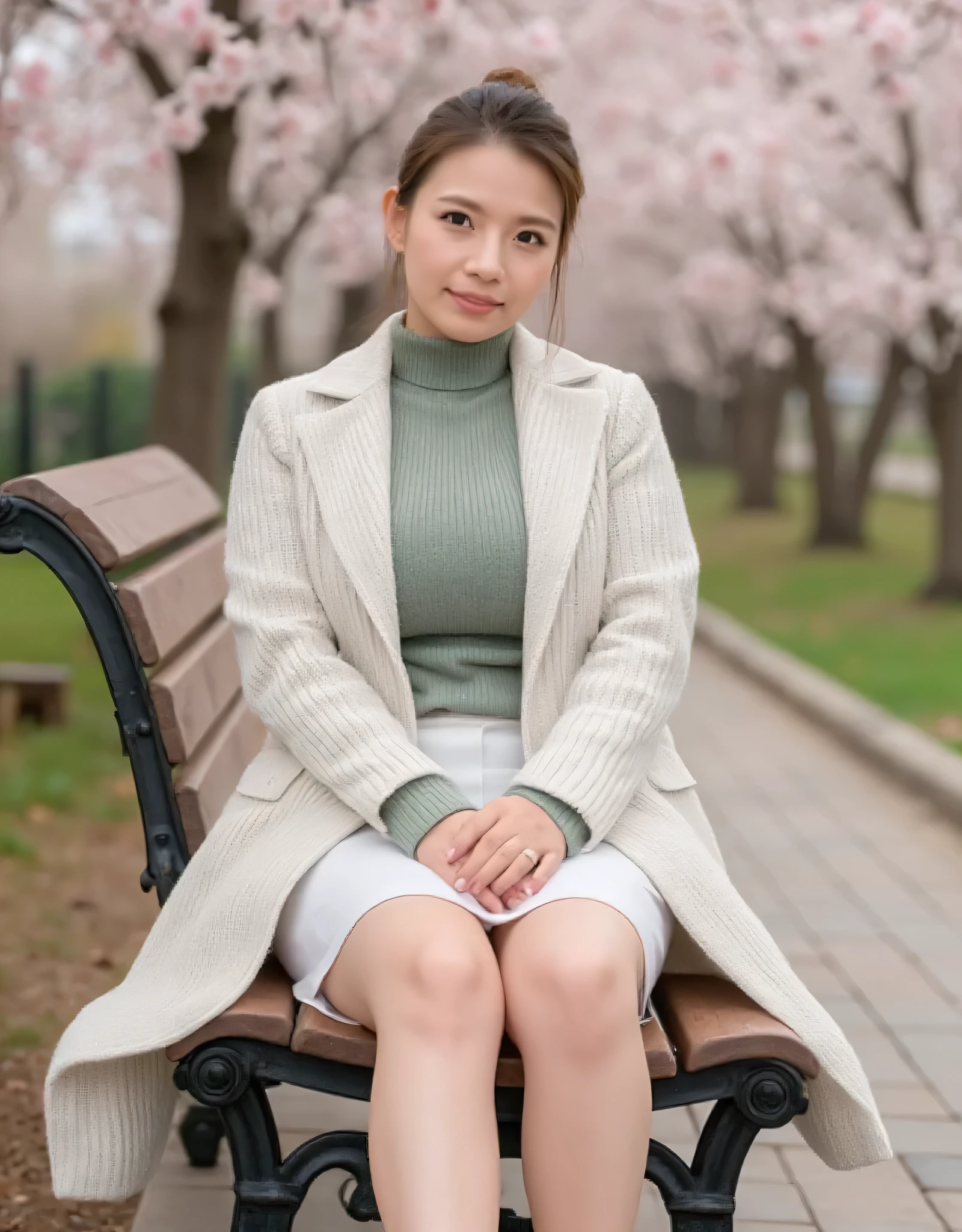 (masterpiece:1.3)、 high definition 、 super detailed、 High Definition CG Unity 8K Wallpaper、 real、 photorealistic、 RAW Photos、( beautifully detailed face )、青く white skin、 Real skin、Detailed fabric texture、 Detailed Hair Texture 、 supermodel 、 facial beauty、((smile))、correct、 anatomically correct、 Highly Detailed Face and Skin Textures、 natural neck length with a criss-shaped iris 、( beautiful hands)、( white skin:1.2)、(( showing sexy thighs ))、Voluptuous legs、Fine-grained、 white knee-length pleated skirt 、 looking at the camera in full bloom 、 symmetrical eyes、 Brown Eyes 、 double eyelids、Thin eyebrows、( shiny lips :1.4)、( gentle smile:1.2)、( very cute woman:1.3)、( a 30-year-old Japanese woman with only a little bit of black panties)、(She is wearing a white knitted long coat over a greenish turtleneck sweater:1.2)、( window with legs :1.2)、( sandals )、 Big Breasts 、(Hard chest、Shapely breasts、 glamorous figure :1.1)、((Hair tied up))( sitting on a park bench :1.2)、(Cherry trees in full bloom:1.2)、((Spring scenery:1.3))