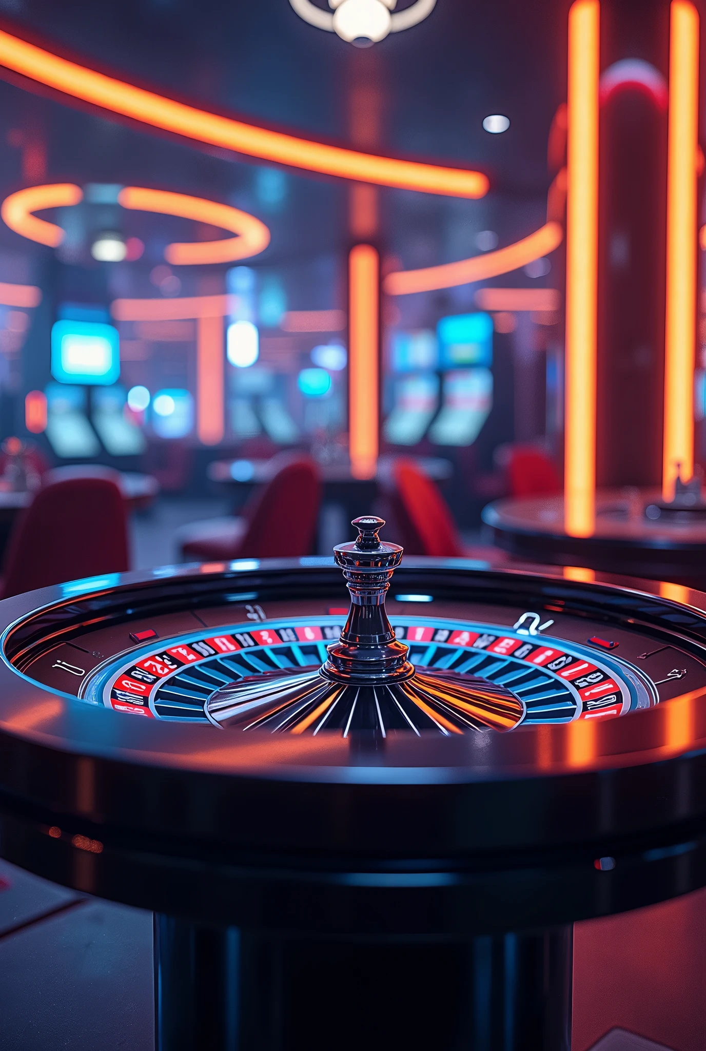 create an image of a casino roulette wheel, in a distant tilted view, 8k, ray-tracing, global illumination, canon camera, aesthetic cyberpunk