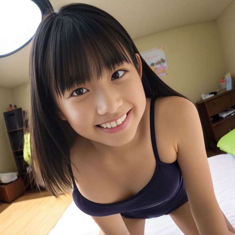 Alone、 High Quality 、 high definition , elementary school students、 from the front,Smirking eyes,Healthy、Mr.々Hairstyle、 is looking over here、Cotton sports bra、(cotton panties:1.2)、Ultra Close-Up、standing、(leaning forward:1.2),bend down、dark,dark room,Chiaroscuro、massage room、 NEON COLOR LIGHTING、Grinning Mouth、 angle from directly below 、Kneeling、 Proximity Method、On the single bed、 Fisheye Lens 