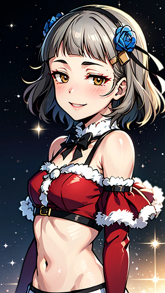 (((solo))), 1 woman, LOVELIVE! Sakuya Kurobane, sakuyaunif, kurobane_sakuya, short hair, grey hair, black hairband, blue hair flower, brown eyes, red eyeliner, chest, blush, smile, (upper body), santa claus