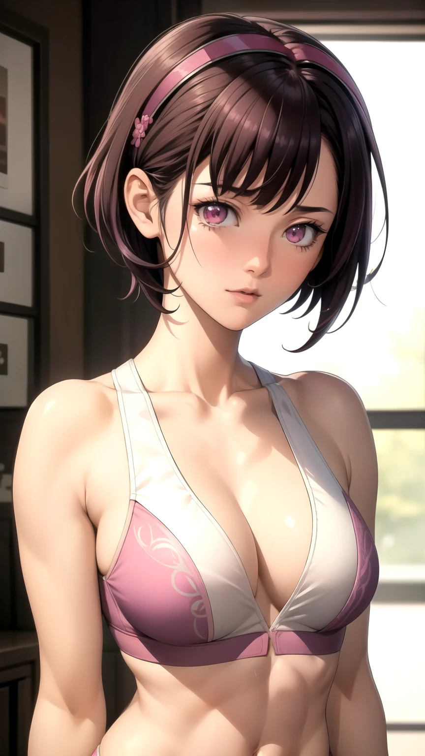 (masterpiece,  best quality),  intricate details, Shizukazomu,  1 girl,  Shorthair, Dark purple hair, bangs, Hair accessories,  hair clips, Pink Eyes, White pupil,  medium breasts, clavicle,  sports bra, belly button, abdomen,  pink shorts, Muscular、 abs