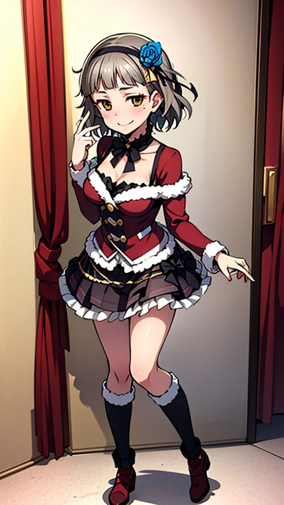 (((solo))), 1 woman, LOVELIVE! Sakuya Kurobane, sakuyaunif, kurobane_sakuya, short hair, grey hair, black hairband, blue hair flower, brown eyes, red eyeliner, chest, blush, smile, (full body), santa claus