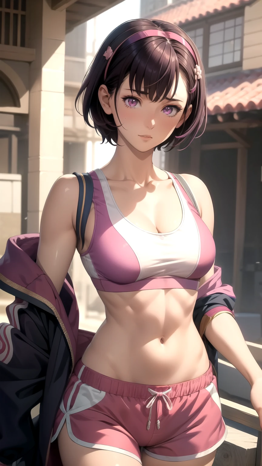 (masterpiece,  best quality),  intricate details, Shizukazomu,  1 girl,  Shorthair, Dark purple hair, bangs, Hair accessories,  hair clips, Pink Eyes, White pupil,  medium breasts, clavicle,  sports bra, belly button, abdomen,  pink shorts, Muscular、 abs