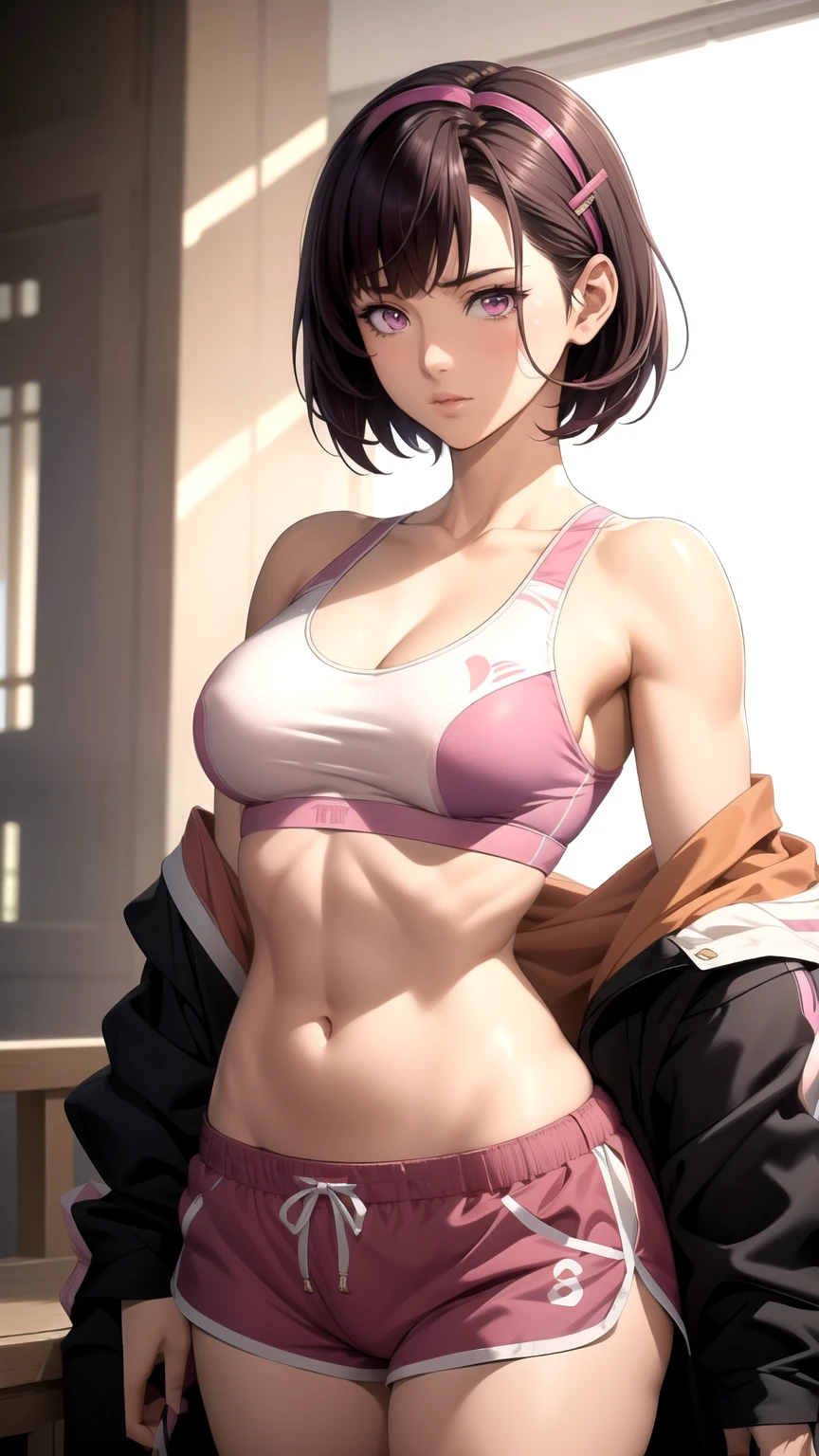 (masterpiece,  best quality),  intricate details, Shizukazomu,  1 girl,  Shorthair, Dark purple hair, bangs, Hair accessories,  hair clips, Pink Eyes, White pupil,  medium breasts, clavicle,  sports bra, belly button, abdomen,  pink shorts, Muscular、 abs