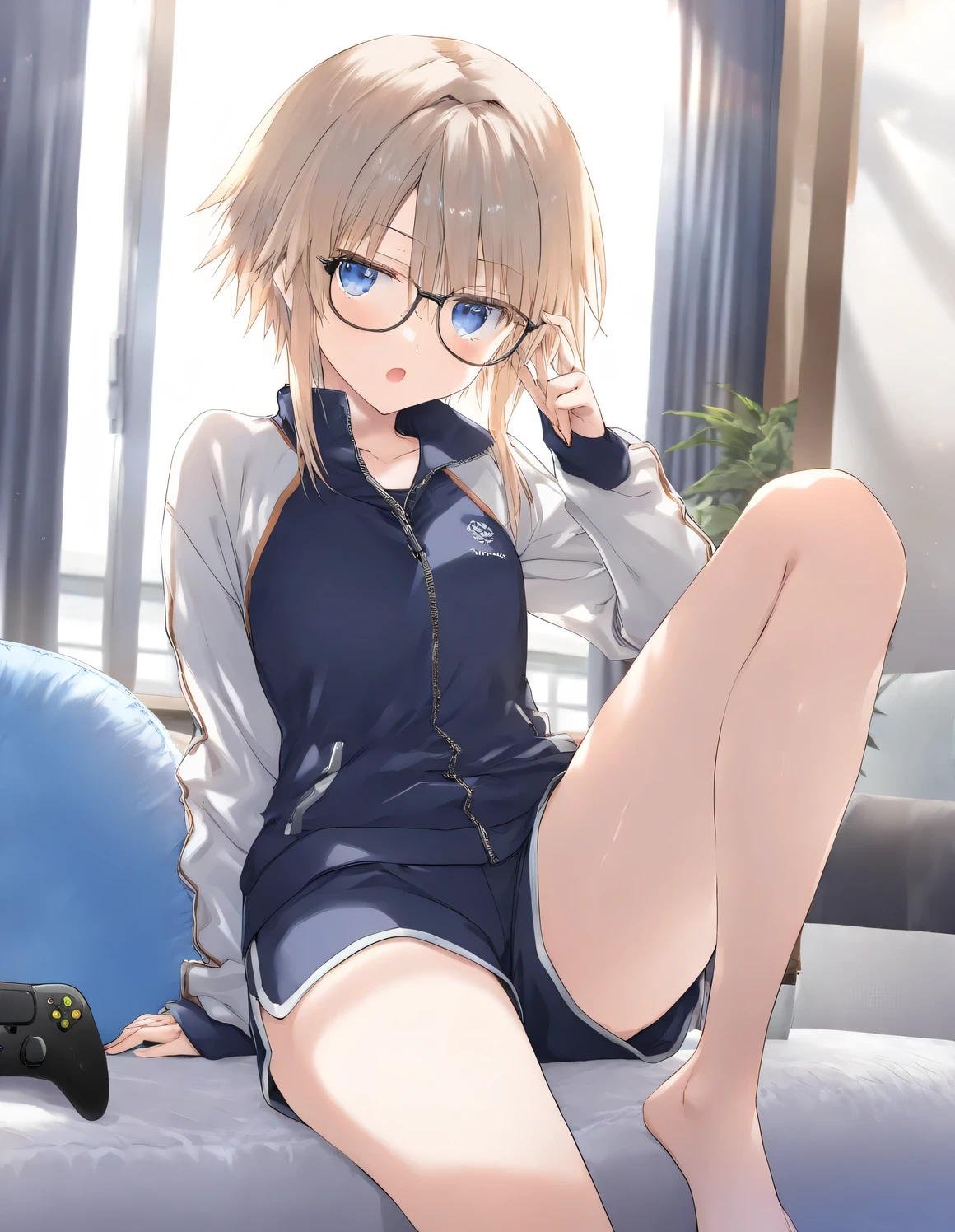 1girl, little female, short hair, beautiful breasts,  jitome, glasses, track jacket, gym shorts, open mouth, indoors, game_controller , game CG break,((artist:shida_kazuhiro)),(artist:mitsumi_misato),(artist:fujiyama),,(masterpiece), (best quality), (ultra-detailed), very aesthetic, newest, beauty illustration,super detailed skin,  (masterpiece), (best quality), (ultra-detailed), very aesthetic lighting,hi res,absurd_res,2023,2024,(shaded),digital media (artwork), realistic lighting, 4k, 8k,