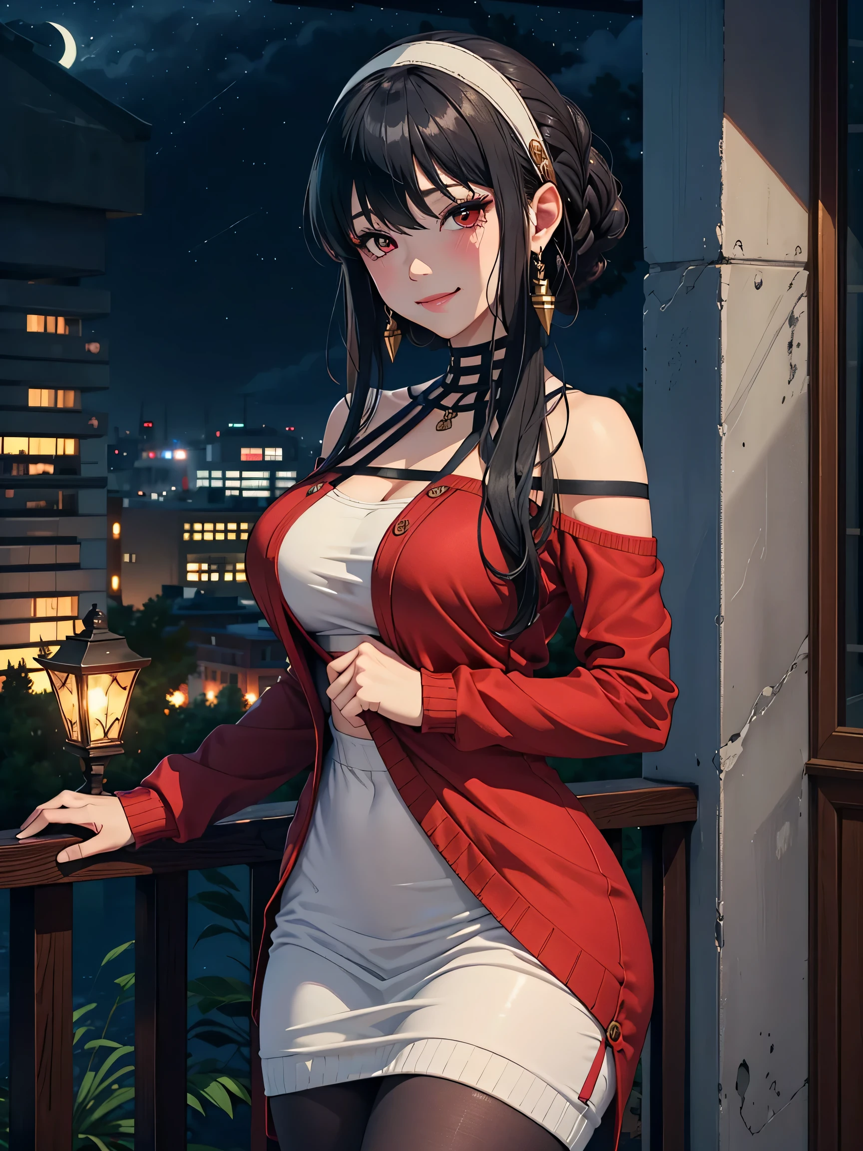 Masterpiece, ultra detail, high quality, 8k cg, blush, bright eyes, standing, outdoors, smile, (night:1.5), slim body, narrow waist, large breast,yor briar, long hair, black hair, red eyes, off shoulder, red sweater dress, pantyhose, earrings (muy escotada) (tacones)