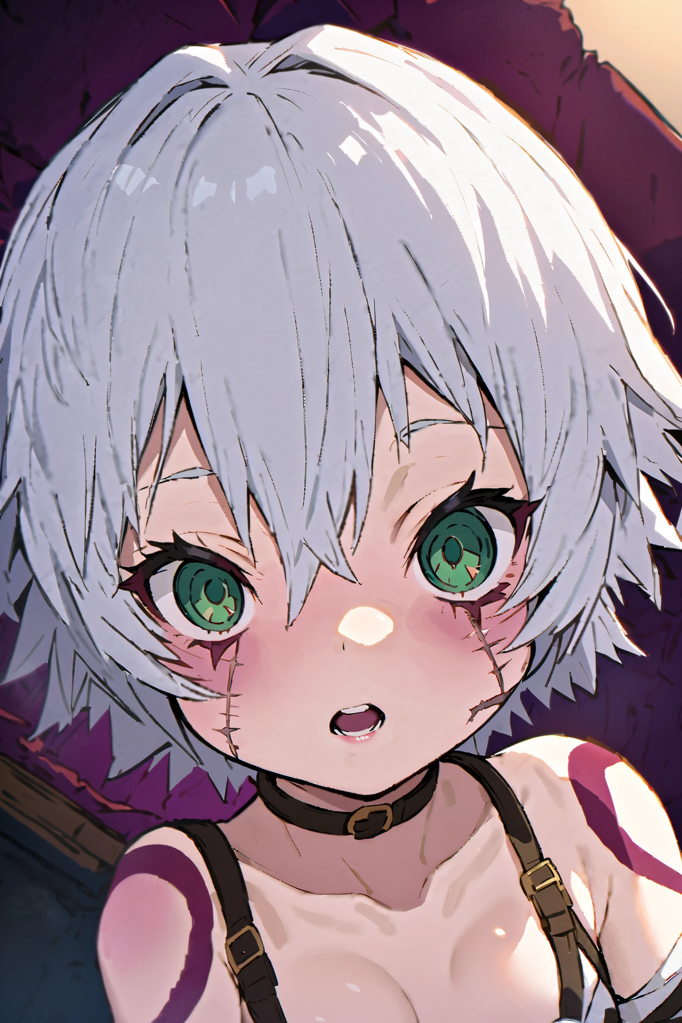 NSFW,masterpiece, best quality, high definition , very detailed , jack the ripper \(fate\), Shorthair、Gray Hair、Green Eyes、Scars on face、Scar on cheek、Scars on the eyes、Shoulder Tattoo、