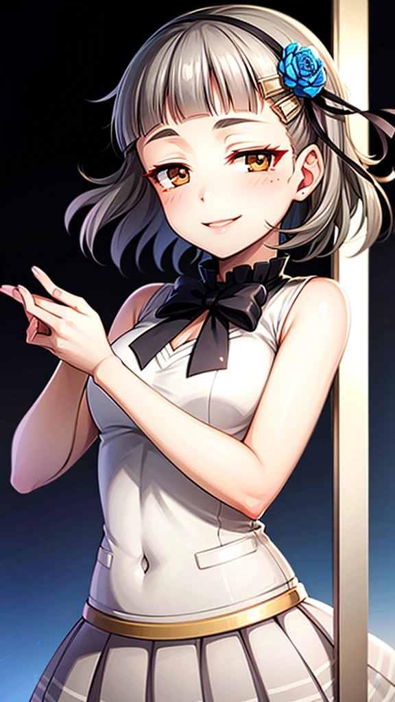 best qualtiy，超高分辨率，1girl，sleeveless white button shirt，a black skirt，Black collar，adolable，（Kpop idol），（aegyo sal：1），（Platinum blonde hair：1），（（puffy eye）），It looks like in front of the audience，full bodyesbian，facing the front there，and wear no underwear，The  are pronouncedly raised