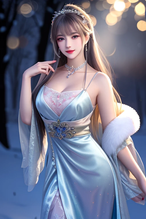 best qualityer,8K, tmasterpiece, A high resolution, 1girll, Clear silk porcelain dress, Fur coat, hair adornments, ssmile, Keep one's mouth shut, cparted lips,Large breasts,Shoulder, shift dresses, hair adornments, choker necklace, jewely, Chinese outfit, long whitr hair, 耳Nipple Ring, Detailed beautiful eyes, detailed eyelashes, beautiful face,after sexing_Body,Slender and long legs, Tyndall effect,realisticlying, edge lit, twotonelighting,(highdetailskin:1.2), 8K, Ultra HD, digital SLR camera, gentle illumination, high high quality, Volumetriclighting, Frankness, photore, A high resolution, Bokeh, at a forest, Falling snow, Winters, in the afternoon