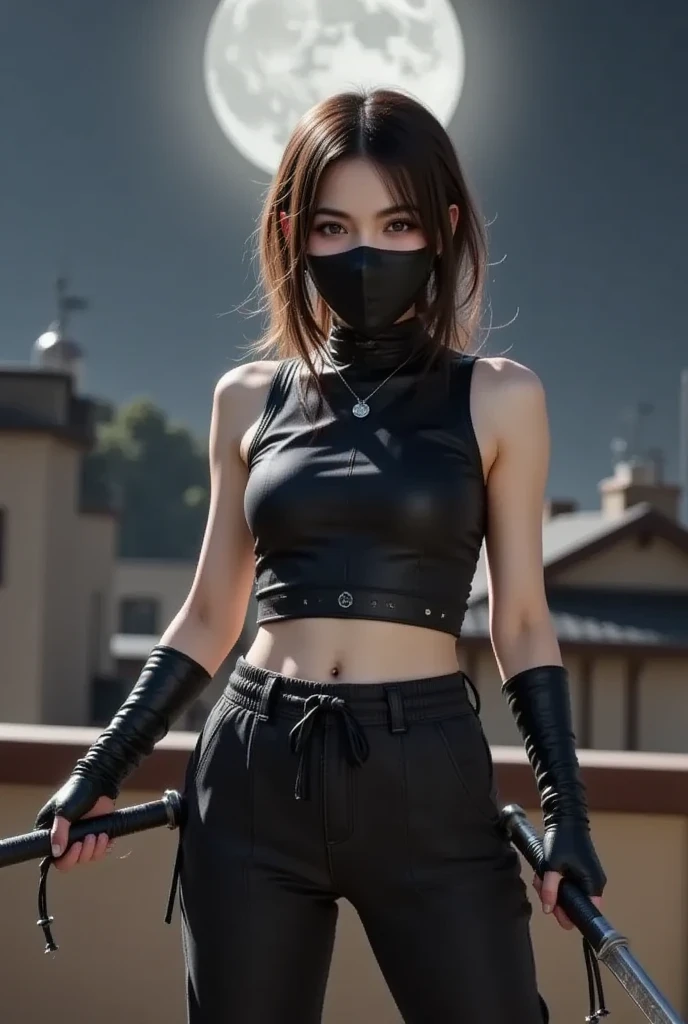  young woman . Masked Ninja.  two-wield woman , Black Belt、Loose fitting trousers、The hem is tied with a string、 slender body . Beautiful appearance. night、 on the roof of the house  . moonlight. Realistic, female assassin, Dramatic sword pose,