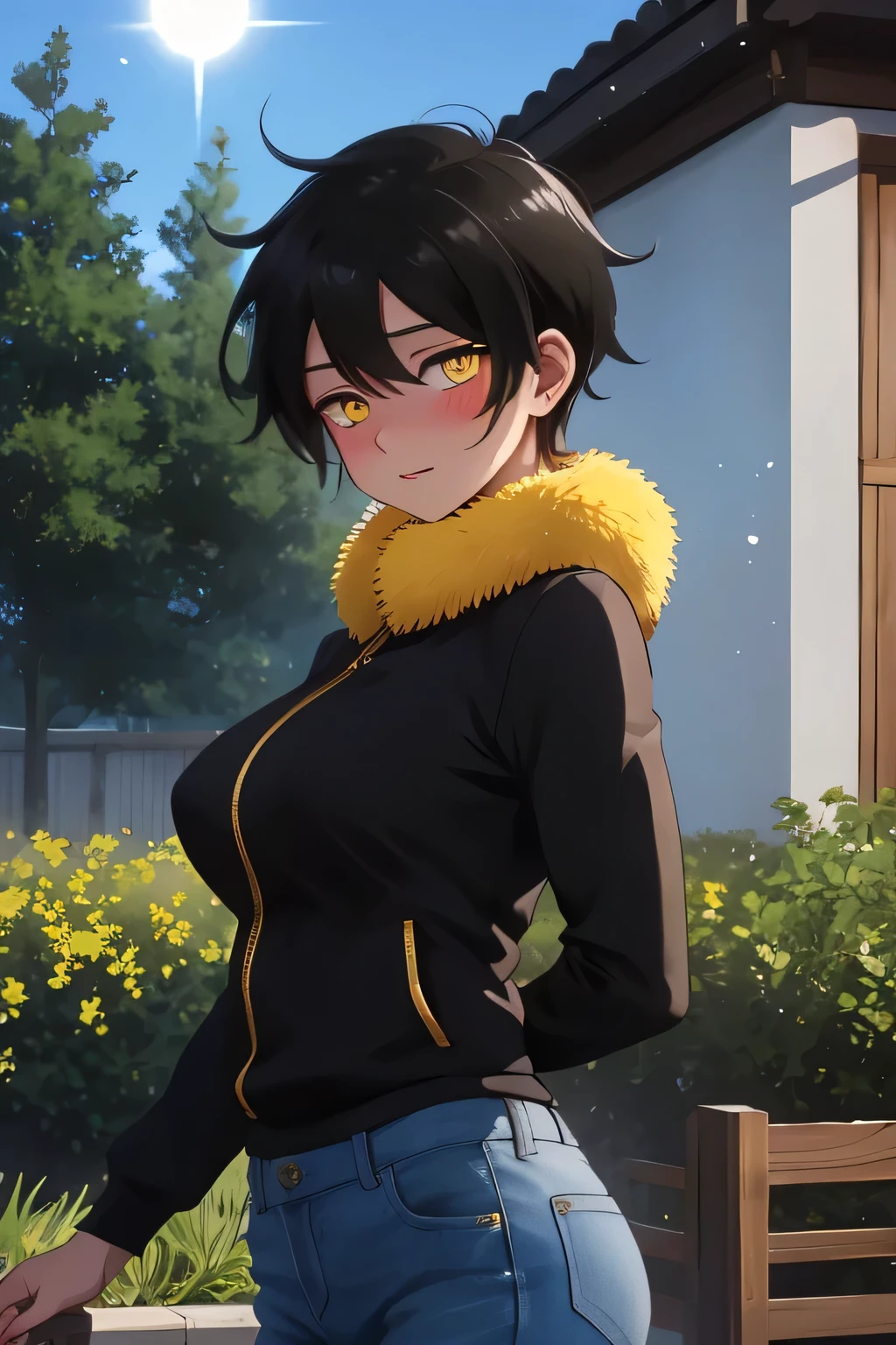 Masterpiece, Best Quality, Coloured image,Hi-Res, source_anime, (good_hands:0.9) , 1girl, golden eyes, focused eyes, black hair, short spiky hair, winter furr collar, black jacket, yellow inner shirt, black jeans, big breast, muscular body, looking at viewer, standing, from front.stand, outdoor, garden background, daylight , Glossy oily Skin, blushing, dramatic shadows, cinematic sun lighting, (light particles:0.8)