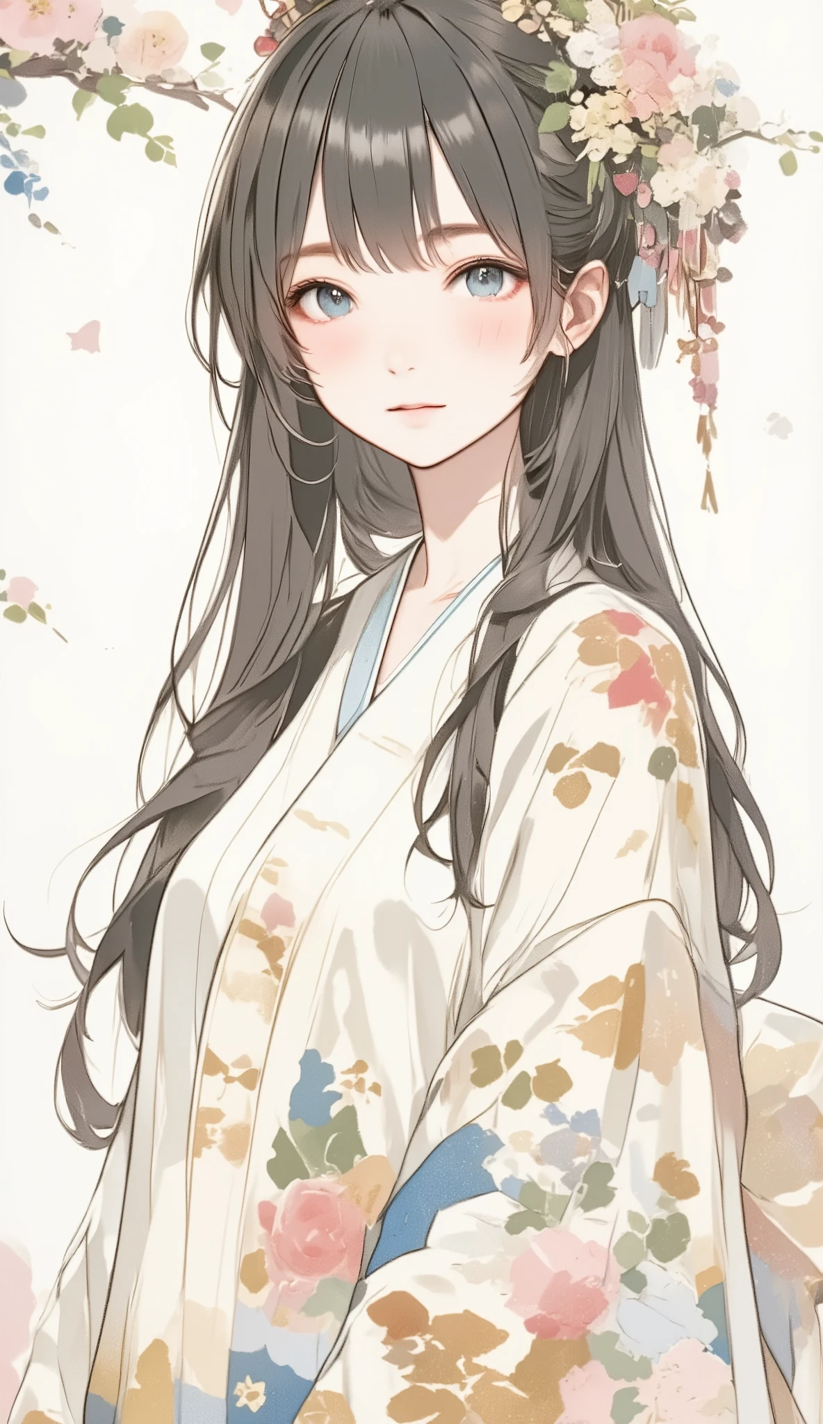 (((Simple configuration)))、(((Background is a white wall:1.2)))、 one girl 、perfect anatomy、絵のようにbeautiful、sketch、Very delicate、Cloud-like wall、、Floral、Delicate depiction、Abstract、Overall bright color、Gentle colors、kimono、Taisho Romance、(masterpiece、 best quality、 best quality、 Official Art、beautiful, beautiful:1.2)