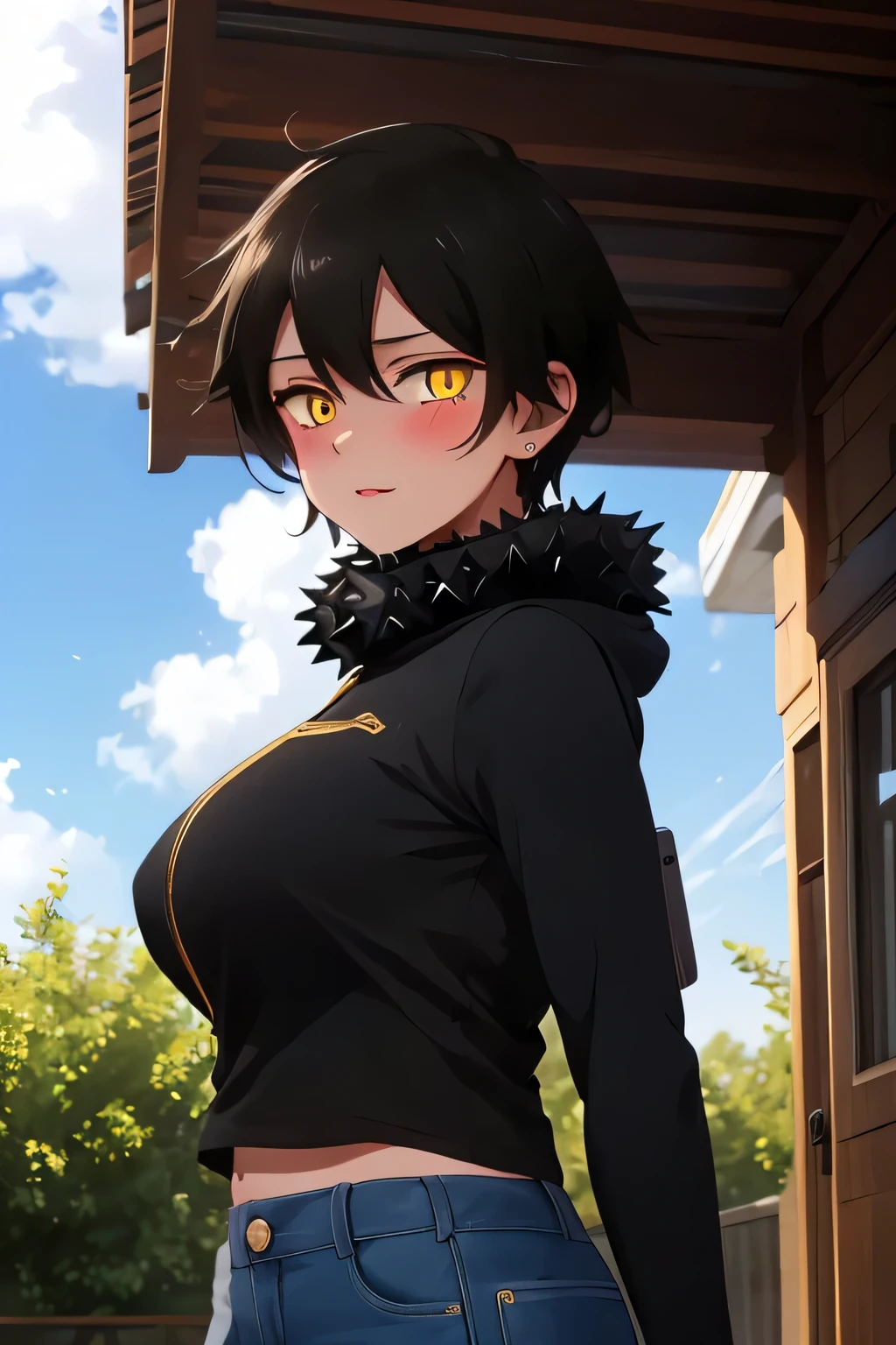 Masterpiece, Best Quality, Coloured image,Hi-Res, source_anime, (good_hands:0.9) , 1girl, golden eyes, focused eyes, black hair, short spiky hair, winter furr collar, black jacket, yellow inner shirt, black jeans, big breast, muscular body, looking at viewer, standing, from front.stand, outdoor, garden background, daylight , Glossy oily Skin, blushing, dramatic shadows, cinematic sun lighting, (light particles:0.8)