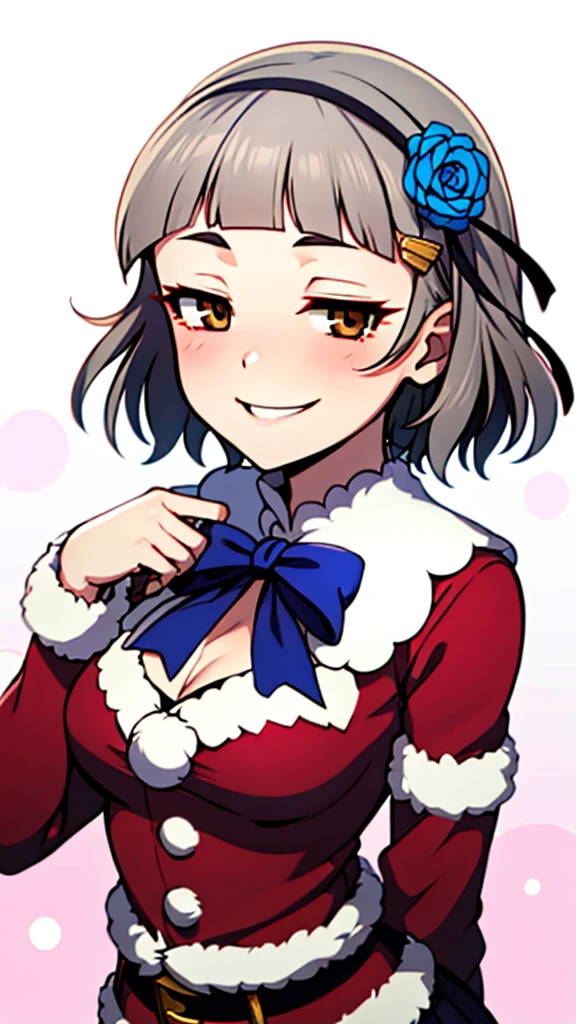 (((solo))), 1 woman, LOVELIVE! Sakuya Kurobane, sakuyaunif, kurobane_sakuya, short hair, grey hair, black hairband, blue hair flower, brown eyes, red eyeliner, chest, blush, smile, (upper body), santa claus