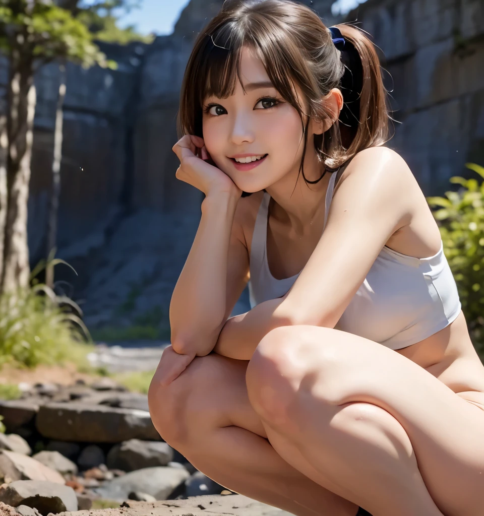   best quality、8k、   no makeup in the coal mine、masterpiece、   super high definition  、Clear Photo、    professional lighting 、  natural light、( cute girl 、    cute girl 、  Cute Yuki Yoda 、 The cutest in the world)、baby face、   small face  、   small breasts、Ultra slim、   thin waist、(Thin legs)、Slender body、  very short hair  :1.6、 review:1.8、Beautiful Hair、Thin legs、smile、In the forest、tree々   Surrounded   、(    wears a white tank top   )、(landscapeでSquat:1.6、、landscape、Squat、  side shot  )、(  no underwear:1.6、  Naked lower body  )、(  Face to camera 、Take a photo )、(urination)