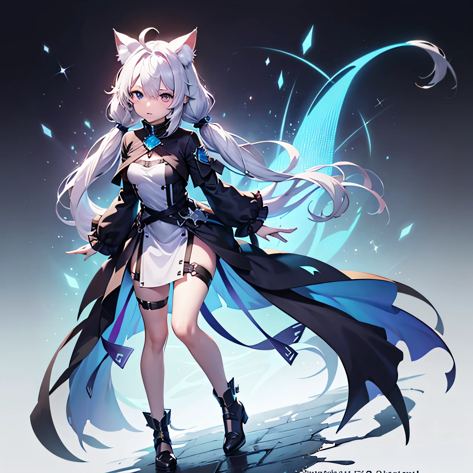 (masterpiece, best quality), solo, vtuber-fullbody, full body, (white backgound), 1girl, cat ears, cat tail, (height 157cm), (long hair, low twintails), ahoge, (Gradient hair from white to blue), (beautiful eye), (left eye purple), (right eye blue), fantasy