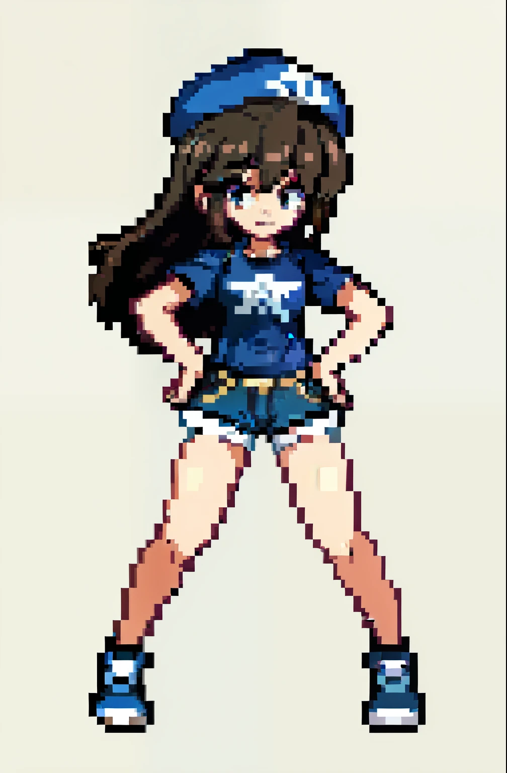 (masterpiece, top quality, best quality), pixel,pixel art,1women,small bosom,cleavage, brown hair, twintails, brown eyes, visor cap,full body