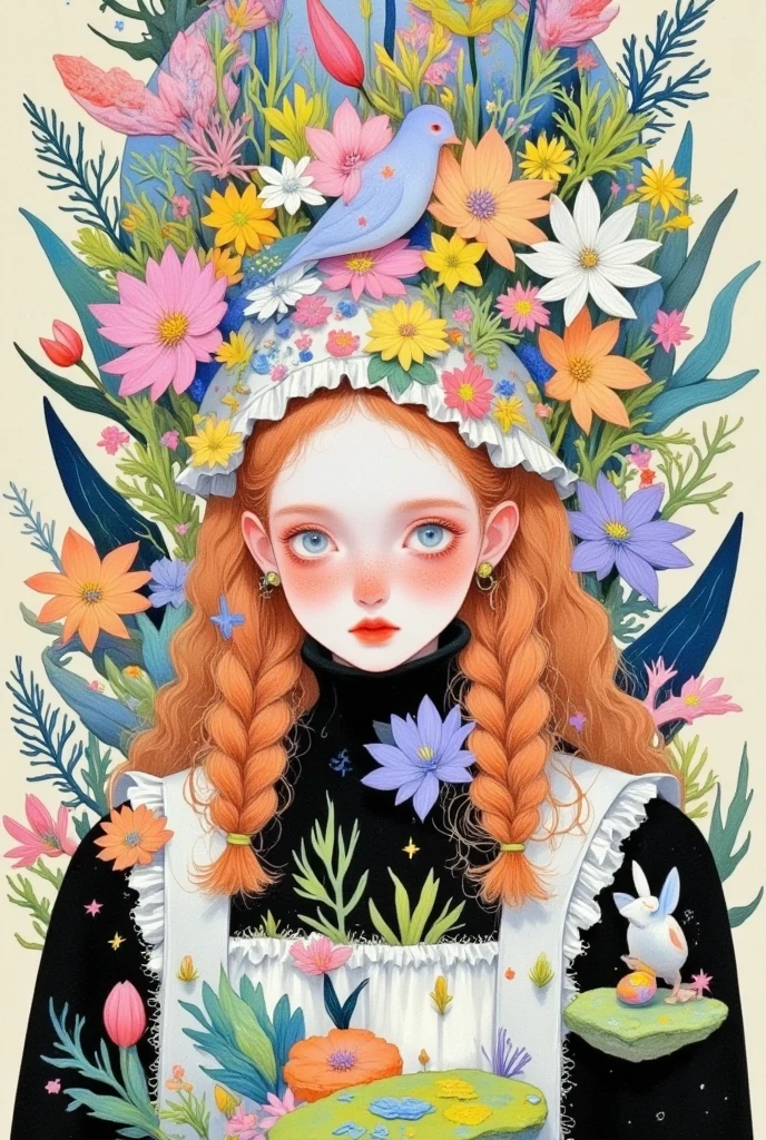 A painting of a girl，She has flowers and birds in her hair,  exquisite digital art , Lovely art style,  artstration trend , 可爱的数字艺术, Beautiful anime portrait, 8K high-definition detailed picture, Lowe style,  fantasy art style ,  Beeple and Jeremiah Ketner's style ,  可爱的细节艺术品 , Fairy Tale Core,  beautiful anime style , Beautiful digital illustrations