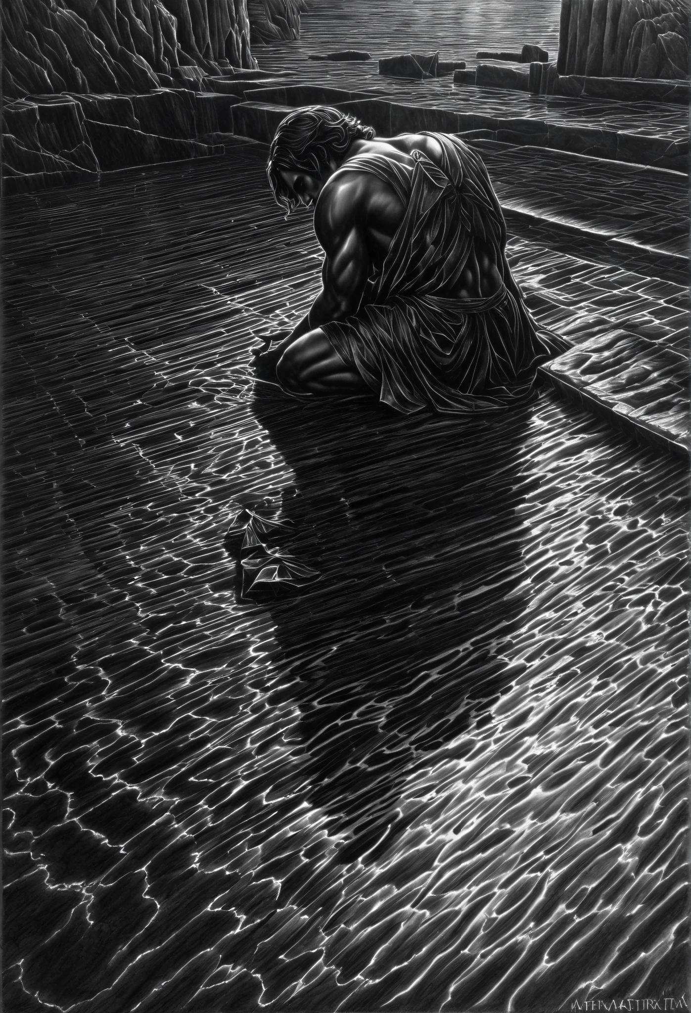 black pencil shading, charcoal drawing, tinted paper, pencil drawing, brutal dark b/w color scheme,
Poster, close up, full length, shadow art. masterpiece, RAW photograpyh,the Fallen Angel on his knees praying, water reflection on the floor,a big scary statue,pessimistic atmosphere,perfect ligthing,