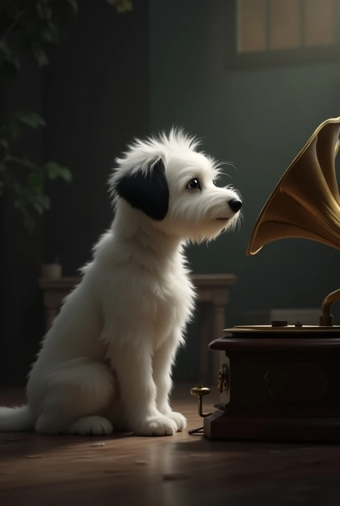 Illustration、 peek into the place where the sound of a gramophone comes out、White Dog、Ears are black、Sitting、A gramophone and a dog are the same size 