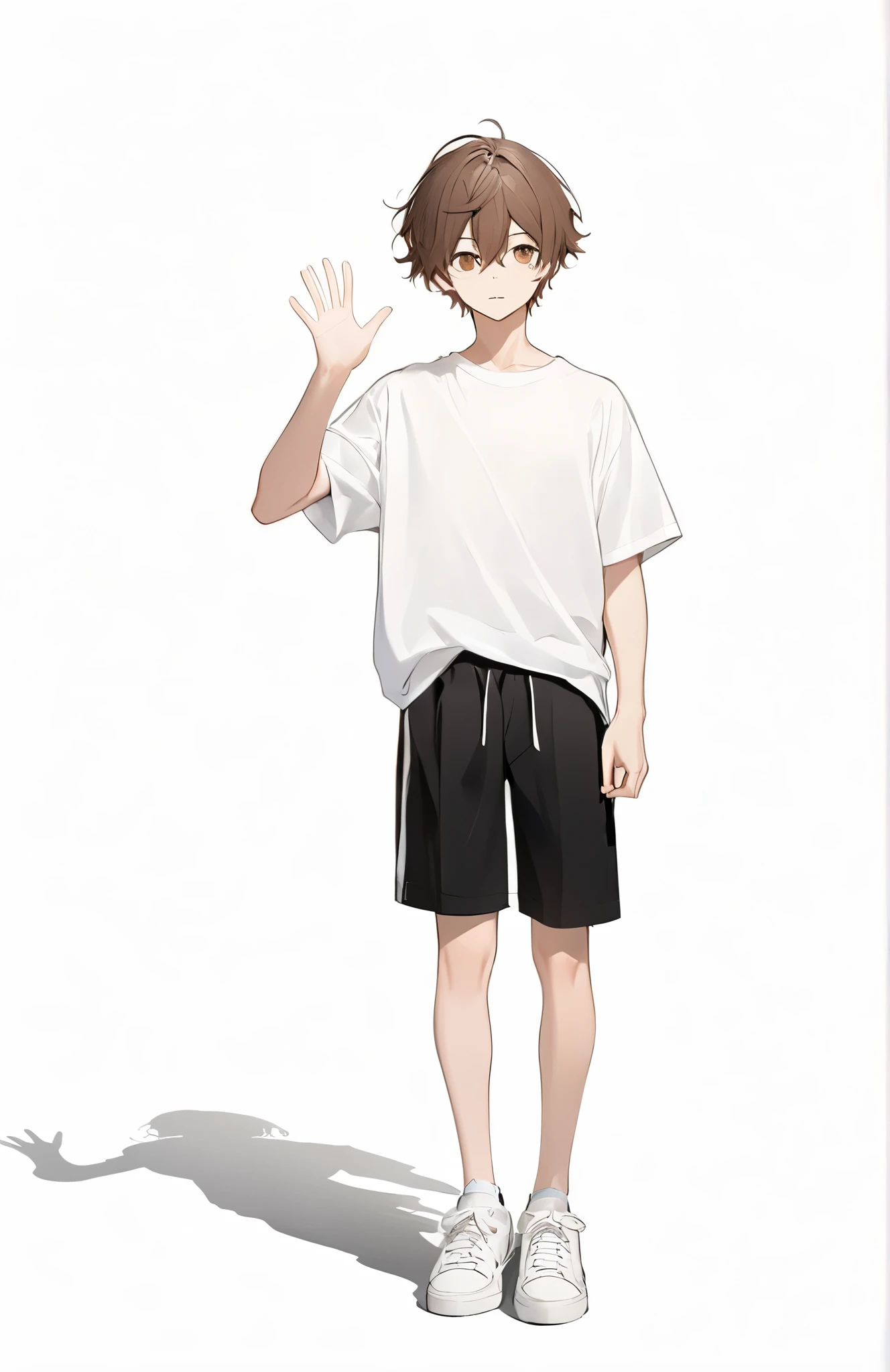 Expressive and Captivating Eyes高画質、 Super Fine、 high quality、Negative face、Male middle school student、、 Brown Medium Hair、 plain white t-shirt without logo、Black shorts、white sneakers waving hands 、 Brown Eyes 