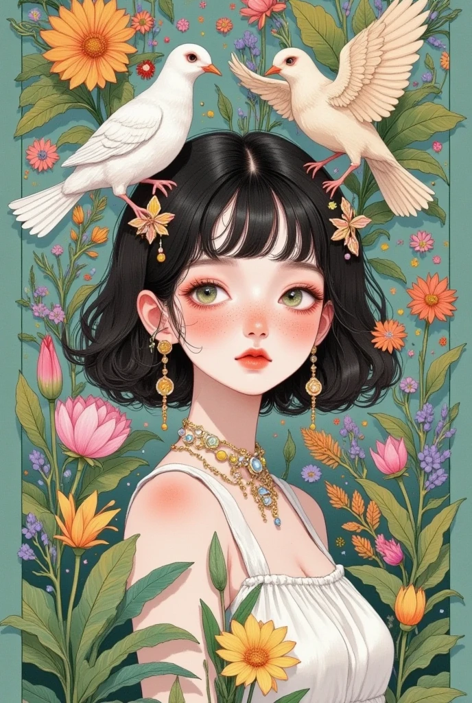 A painting of a girl，She has flowers and birds in her hair,  It's Ni Tian  , Popular in the CG community , Fantasy Art,  exquisite digital art , Lovely art style,  artstration trend , 可爱的数字艺术, Beautiful anime portrait, 8K high-definition detailed picture, Lowe style, Fantasy Art style,  Beeple and Jeremiah Ketner's style 