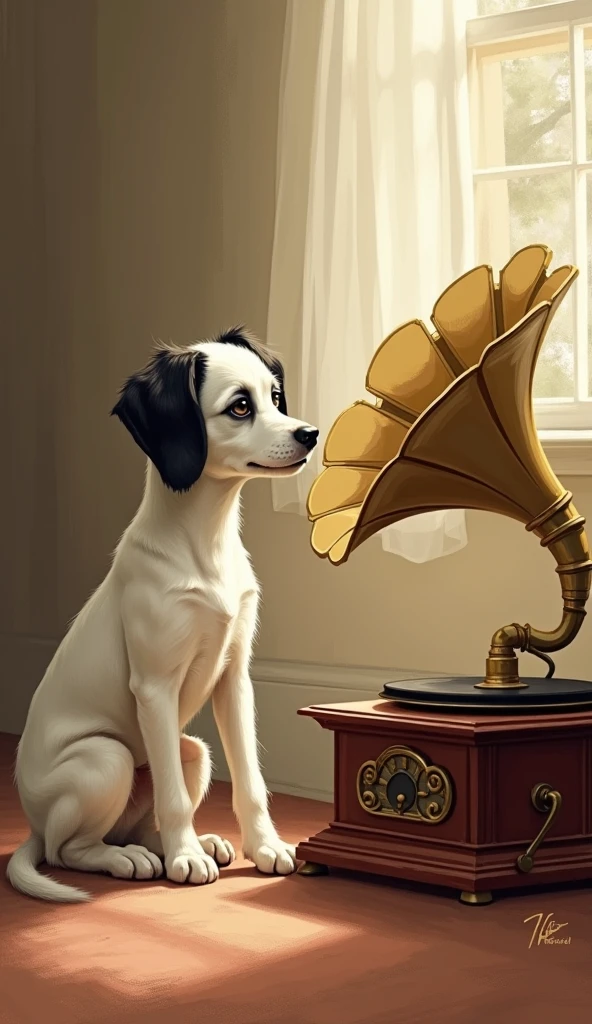 Illustration、 peek into the place where the sound of a gramophone comes out、White Dog、Ears are black、Sitting、A gramophone and a dog are the same size 