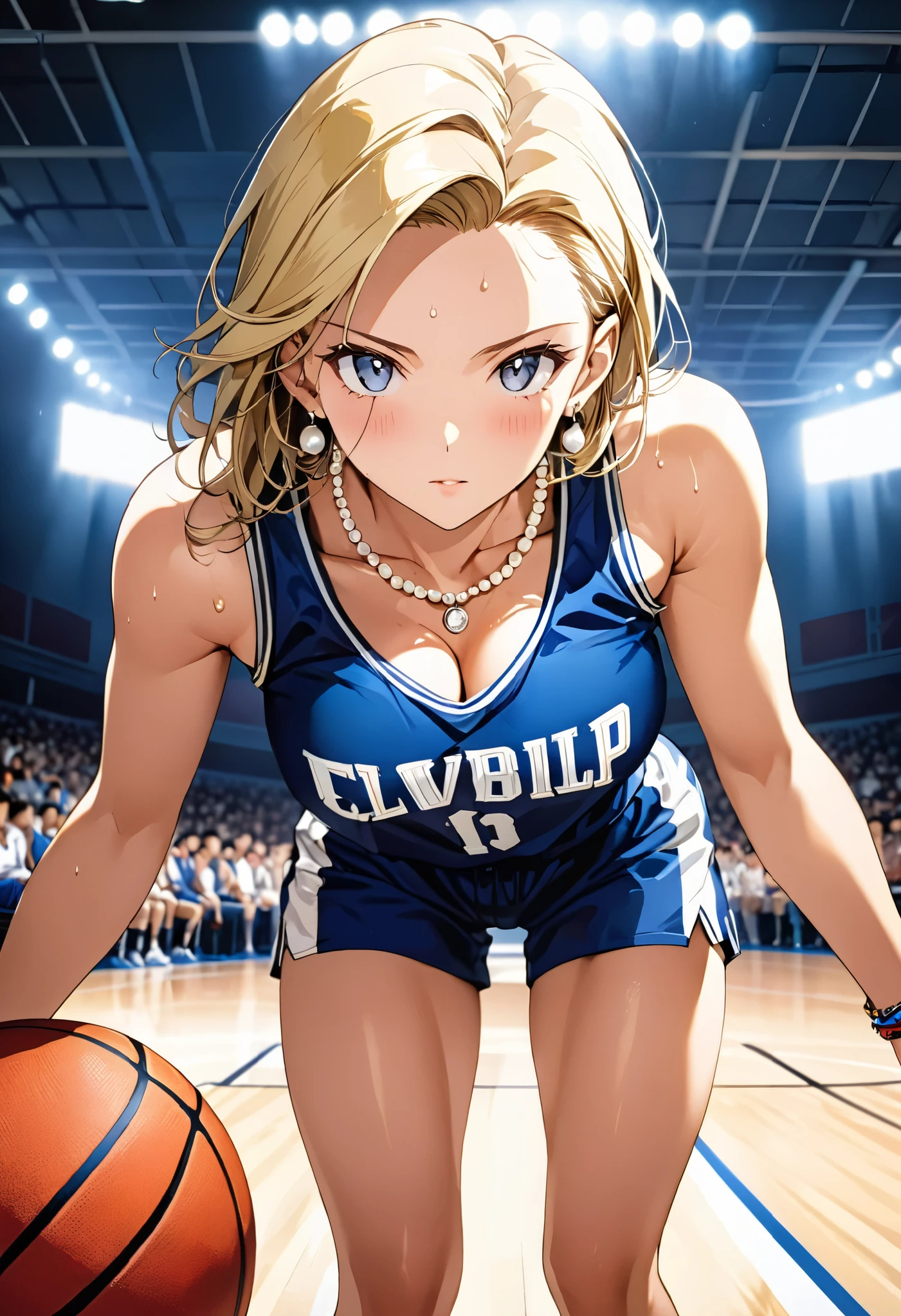 masterpiece, Best Quality, High resolution,16k,official art,super detailed skin,detailed, (Artificial Human Room No. 18),1990s \(style\),(E-cup beautiful breasts), clevage,(tall:1.2),height: 170cm,Fashion model body type,Sweating all over the body,Muscular、((sexy))、(nsfw),Anime-style painting style, blonde,Basketball player、(number 18 basketball uniform)、(Number 18),Pearl_necklace, bracelet, Short slicked back hair,Earrings,Cinematic lighting,Superfine,Basketball court,1 girl 、Exposed breasts、blush,dynamic angle,looking viewer