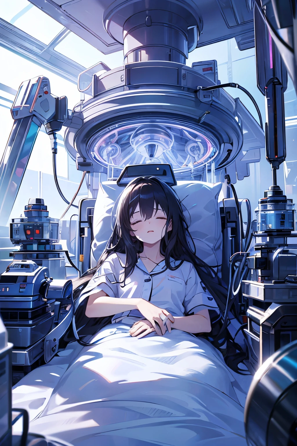 (Highest quality), A beautiful girl is lying the bed in an operating room, injured, connected to many machines, somewhat futuristic, black long hair, detailed face, noble face, closed eyes, suffering face, wearing white pajama. 