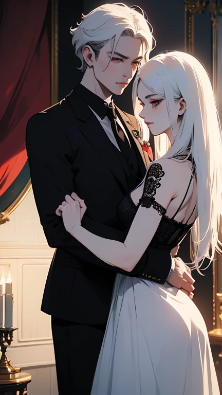 A psychologist man with wolf ears, beautiful albino eyes, high, 28 years. together with a beautiful albino blonde woman