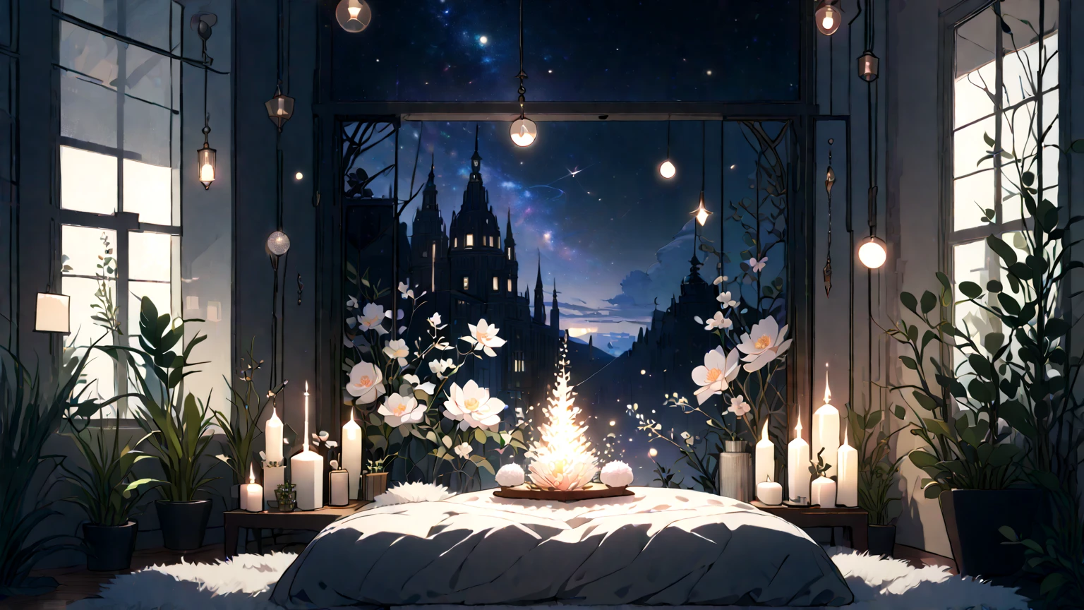 stylish and cute room background, simple,A very huge window,warm, Aromatic Candles 