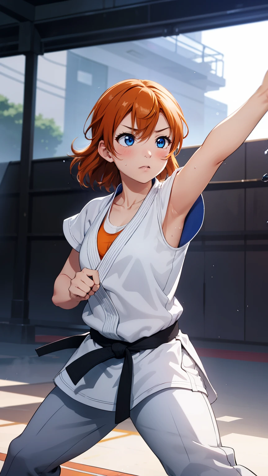 (masterpiece, 最 High Quality , High Quality ), whole body, Volumetric Lighting , figure, beautiful, perfect lighting, Perfect Shadow, ( Great views :1.1), blush, In-person audience, standing ,Kousaka Honoka, blue eyes, orange hair,Empty-handed, white karate custom, Big Breasts, 発sweat, 、Serious、Desperate、A moment of battle、sweat、Karate Kata、defense、Passive、Defend and handle、Thighs、clavicle、 sports bra、Toned body、force、sense of urgency、Speed、Concentrated line、Clenched Fist、Looking up from a low position