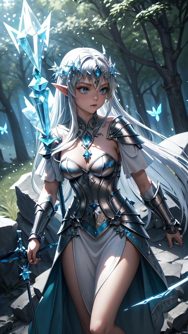 Gáe Bolg,Cartoon Style，Thick texture， [Full body portrait], Thigh gap.She wears white armor made of siren bones，The armor is covered with spikes，Just like Zyra in LOL，Holding a spear in hand，Half exposed chest and waist，She has a spiked white tail.
