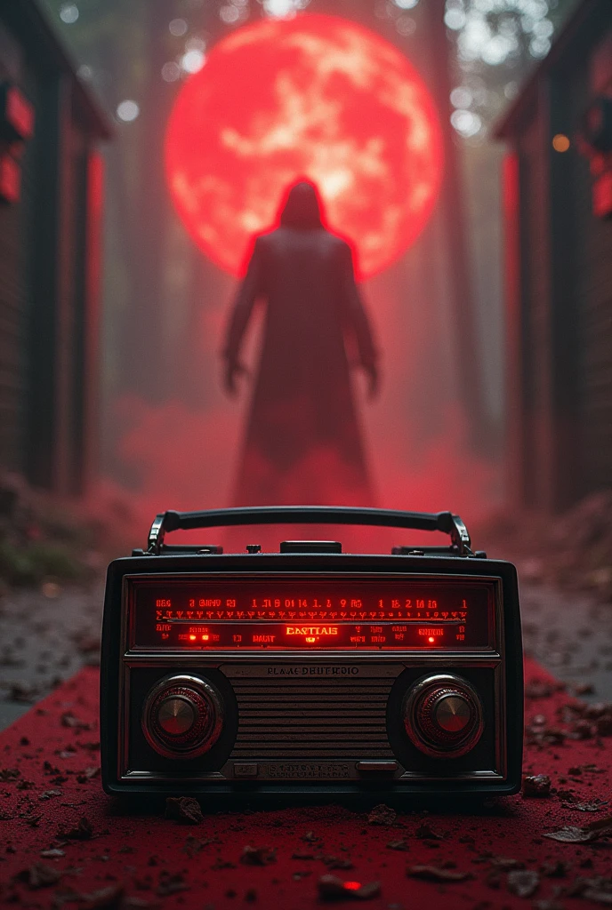 Create an image of the Alastor radio domain with a red aura and everything static and with a radio around 