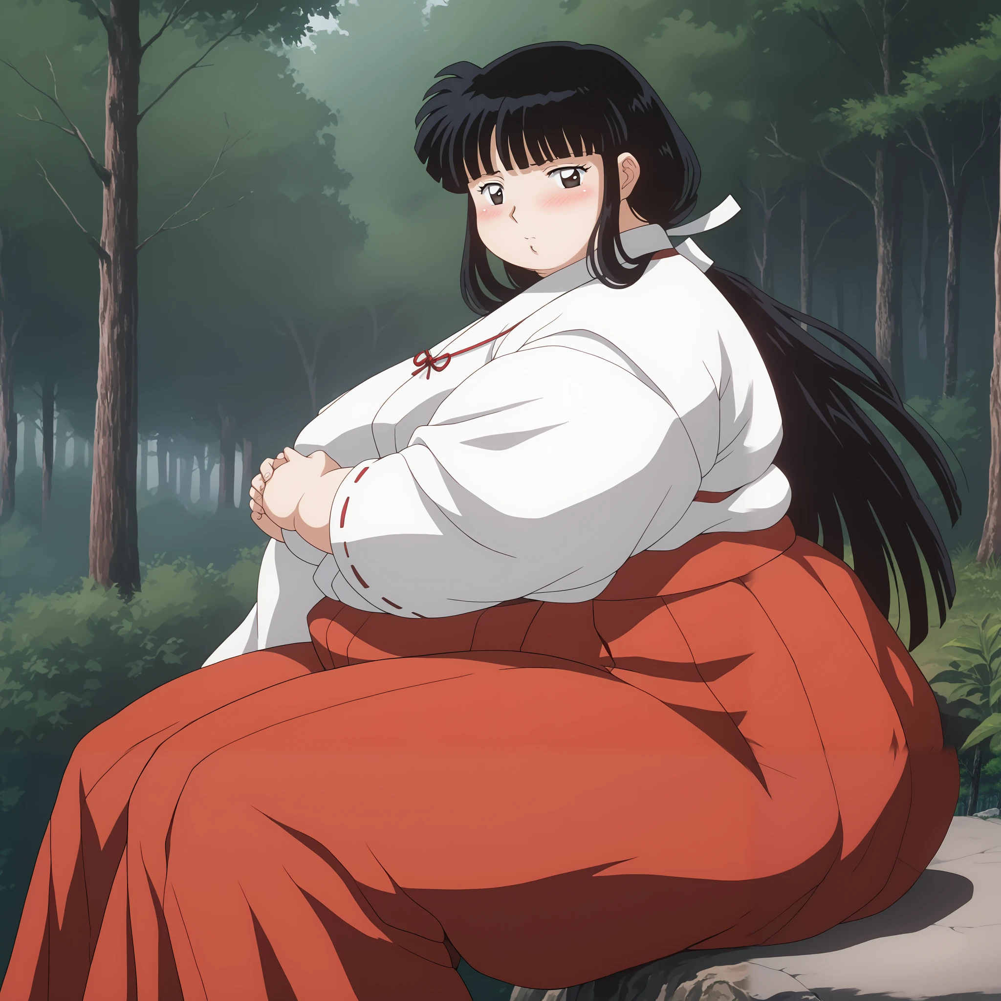 score_9, score_8_up, score_7_up, source_anime,
Kikyou, long hair, black hair, retro artstyle, black eyes, blush,
 skirt, long sleeves, japanese clothes, hakama, hakama skirt, miko, red hakama, 
outdoors, forest, nature,
looking at viewer,  fat, chubby, obese, gigantic arms and legs,   perfect quality, detailed face, sitting, side view, blush, embarrased