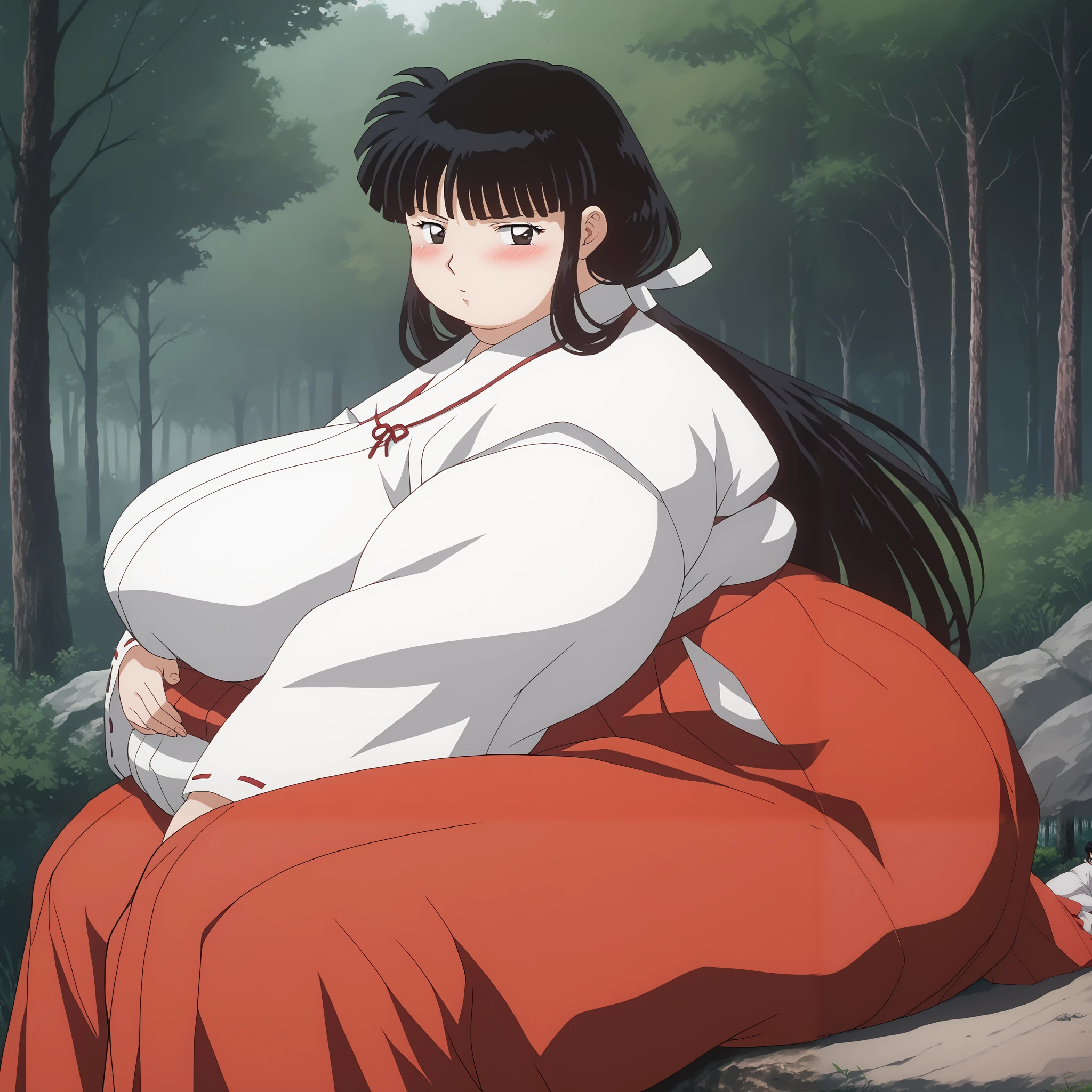 score_9, score_8_up, score_7_up, source_anime,
Kikyou, long hair, black hair, retro artstyle, black eyes, blush,
 skirt, long sleeves, japanese clothes, hakama, hakama skirt, miko, red hakama, 
outdoors, forest, nature,
looking at viewer,  fat, chubby, obese, gigantic arms and legs,   perfect quality, detailed face, sitting, side view, blush, embarrased