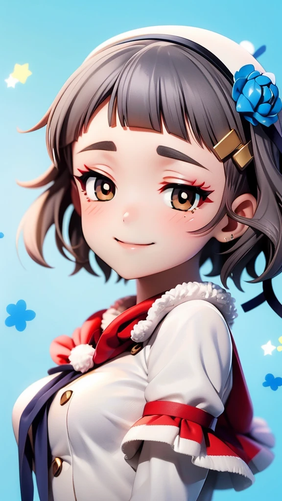 (((solo))), 1 woman, LOVELIVE! Sakuya Kurobane, sakuyaunif, kurobane_sakuya, short hair, grey hair, black hairband, blue hair flower, brown eyes, red eyeliner, chest, blush, smile, (upper body), santa claus