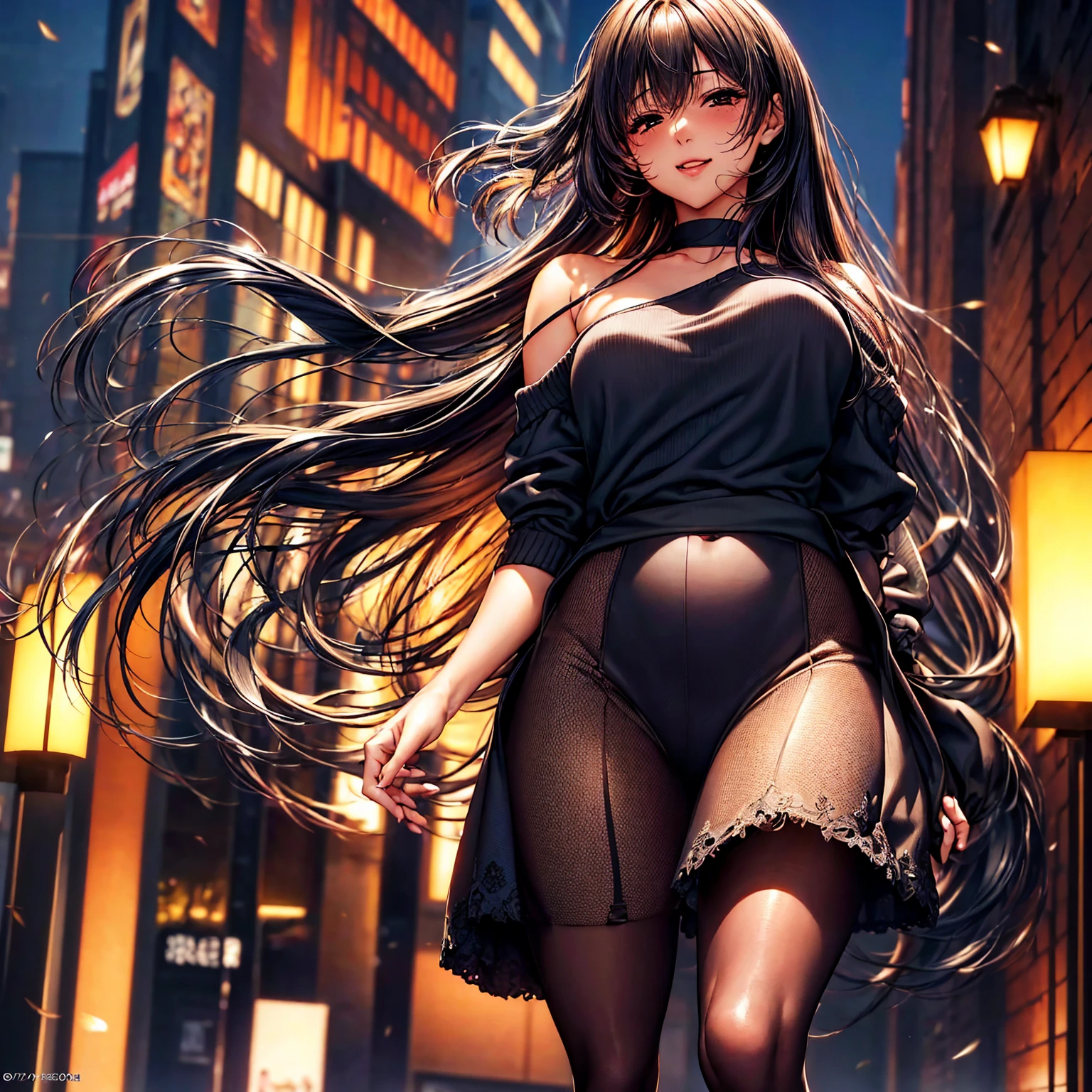 Woman with long legs in high heels standing in a city with miniskirt and transparent blouse 
