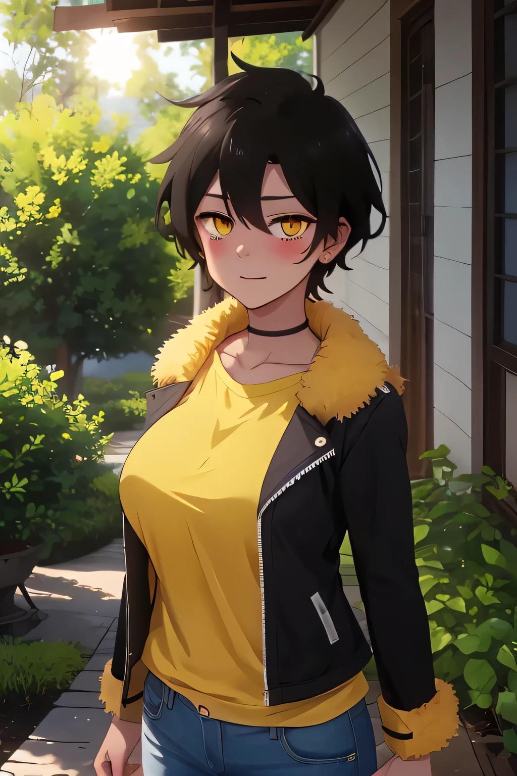 Masterpiece, Best Quality, Coloured image,Hi-Res, source_anime, (good_hands:0.9) , 1girl, golden eyes, focused eyes, black hair, short spiky hair, winter furr collar, black jacket, yellow inner shirt, black jeans, big breast, muscular body, looking at viewer, standing, from front.stand, outdoor, garden background, daylight , Glossy oily Skin, blushing, dramatic shadows, cinematic sun lighting, (light particles:0.8)