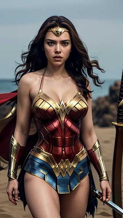 Scarlett Johansson with big breast as wonder woman bikini armour, wielding a sword, Long Hair, golden Hair, (Big Breasts:1.1)