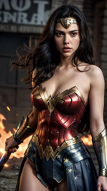 Scarlett Johansson with big breast as wonder woman bikini armour, wielding a sword, Long Hair, golden Hair, (Big Breasts:1.1)