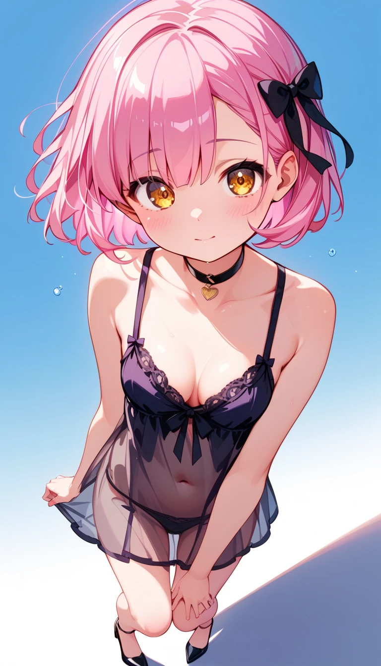 Best quality, perfect female anatomy, 4k, extremely perfect, Senju,  Tokyo revengers, perfect female anatomy, 4k, extremely detailed, Senju, short pink hair, perfect blue eyes, well detailed face, best quality full body, perfect lips Senju with lingerie , poses modelos, fondo de revistas, Pink background 🩷, cara perfecta 4k , sexy,