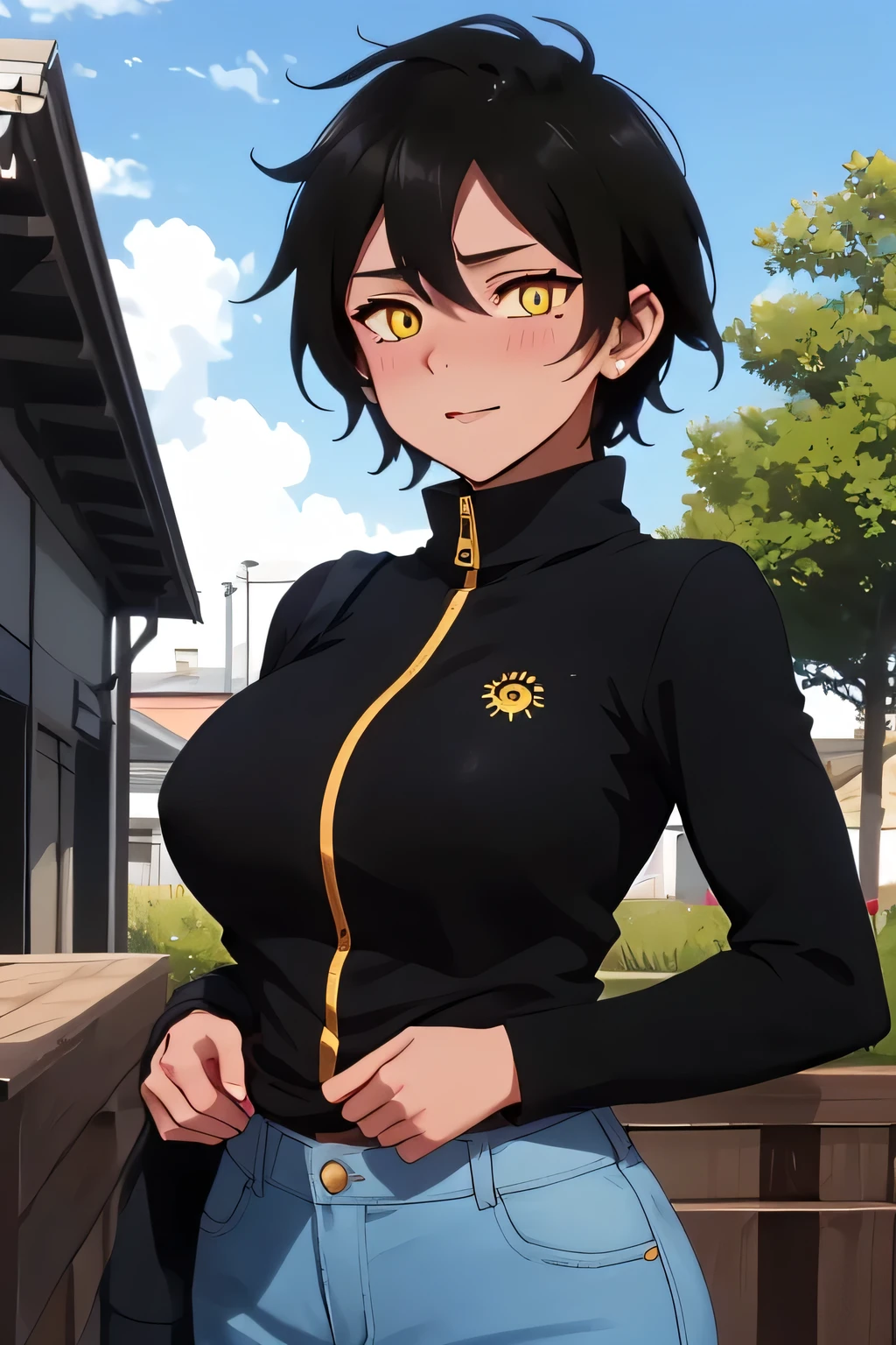 Masterpiece, Best Quality, Coloured image,Hi-Res, source_anime, (good_hands:0.9) , 1girl, golden eyes, focused eyes, black hair, short spiky hair, winter furr collar, black jacket, yellow inner shirt, black jeans, big breast, muscular body, looking at viewer, standing, from front.stand, outdoor, garden background, daylight , Glossy oily Skin, blushing, dramatic shadows, cinematic sun lighting, (light particles:0.8)