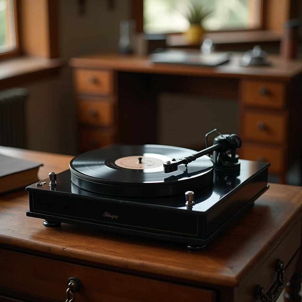  old record player、black disc 、On the desk