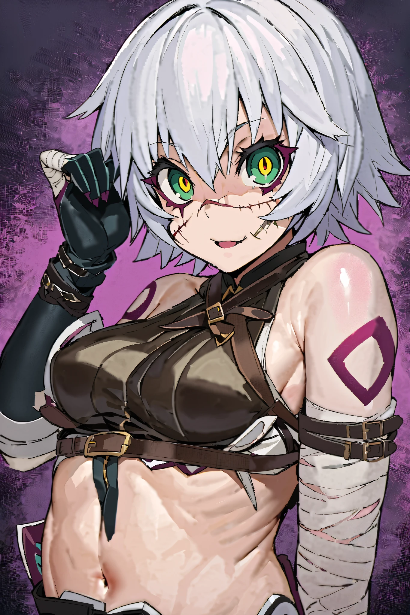 NSFW,masterpiece, best quality, high definition , very detailed , jack the ripper \(Fate/Grand Order\), Shorthair、Gray Hair、Green Eyes、Scars on face、Scar on cheek、Scars on the eyes、Shoulder Tattoo、bandage、bandageを巻いた腕、アームbelt、belt、 sleeveless、 panties、黒 panties、Low Leg、Low Leg panties、Fingerless gloves、One-handed gloves、 thigh-high boots with menu、 thigh high socks 