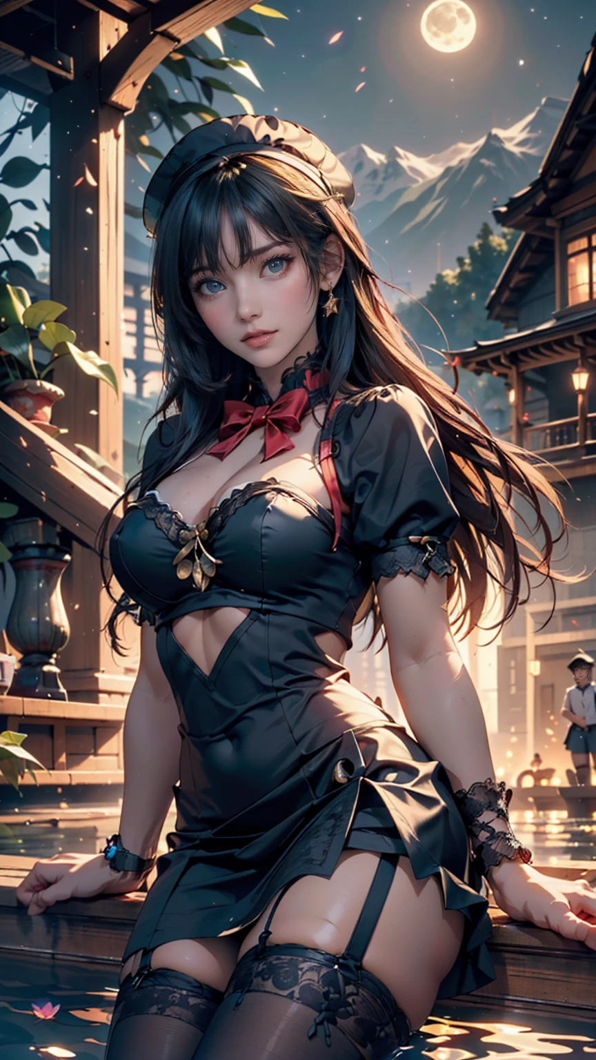 Raw photography, top-quality, ​masterpiece, extremely delicate and beautiful, ighly detailed, nffsw, Unity, 8K Picture Wallpaper, amazingly detail, detaile, ​masterpiece, top-quality, Official art, Highly detailed ticker Unity 8k wallpaper, ultra-detailliert, hight resolution, ighly detailed, Clair, Focus, (top-quality), (realisitic, Photorealsitic:1.5), 8K, Soft lighting, hightquality, lighting like a movie, 1womanl、assassin、Yol Forger（Spy Family）、A dark-haired、cuticle、shoulder-length black hair、Lagging hair is very, very long、very, very big eyes、brown-eyed、huge smile、Red knitted dress、moderate breast、Black pantyhose、Brown boots、takeout、fullmoon、super moon、Walking under the moonlight