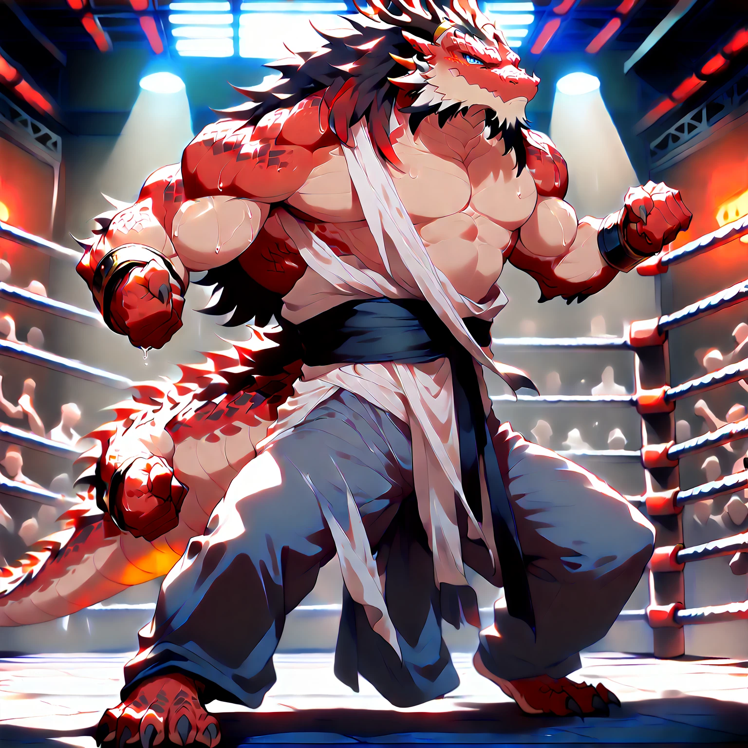 ### Personagens Principais & identity
(:1.4), (Oriental Dragon Furry:1.3), Muscular male, Mature Dragon, perfect detail, masterpiece, (Front view:1.2), full body shot, dramatic lighting, alone, in cage

### physical characteristics 
massive chest, bulging muscles, thick neck, strong waist, (Dominant Pose:1.2), (Fighter's Stance:1.2), sweating body, glistening muscles

### Dragon Characteristics
(Deep Blue Eyes:1.2), (branched antlers:1.2), dragon whiskers, (Red scales:1.8), (White belly scales:1.4), (gray flowing mane:1.2), long dragon tail, detailed scale patterns, sharp claws

### clothing & state
shirtless, (white silk loose pants:1.3), barefoot, (pants low on hips:1.2), sweat-soaked fabric, (revealing silhouette:1.2)

### scene background
(Underground Fighting Arena:1.4), (Metal Cage:1.3), spotlights from above, (watching crowd in background:1.2), dark atmosphere, dramatic shadows

### emotional expression
predatory gaze, aggressive stance, dominant expression, (seductive smirk:1.2)

### Quality Requirements
Ultra high resolution, dramatic lighting, professional photography, perfect detail

### NSFW elements
suggestive pose, revealing clothing, sensual atmosphere, erotic tension